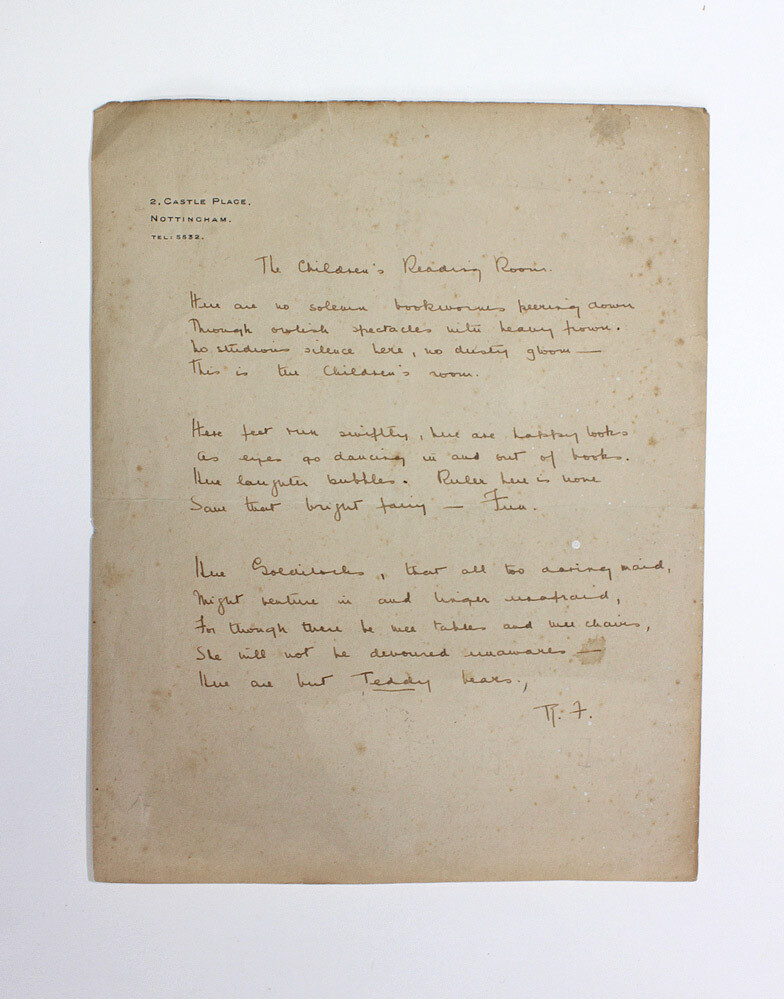 An Original Hand Written Manuscript Poem Titled &#39; The Children&#39;s Reading Room in the hand of Rose Fyleman