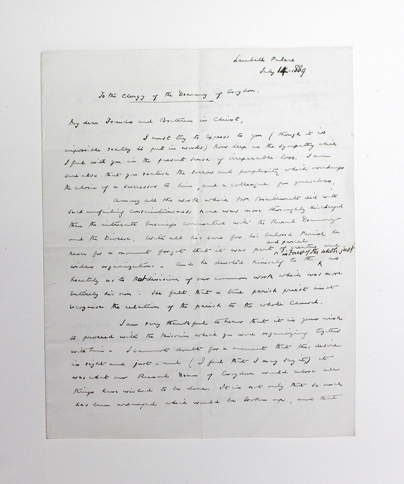 An Original Signed and Written Letter by Edward White Benson  Archbishop of Canterbury to the Clergy of the Deanery of Croydon