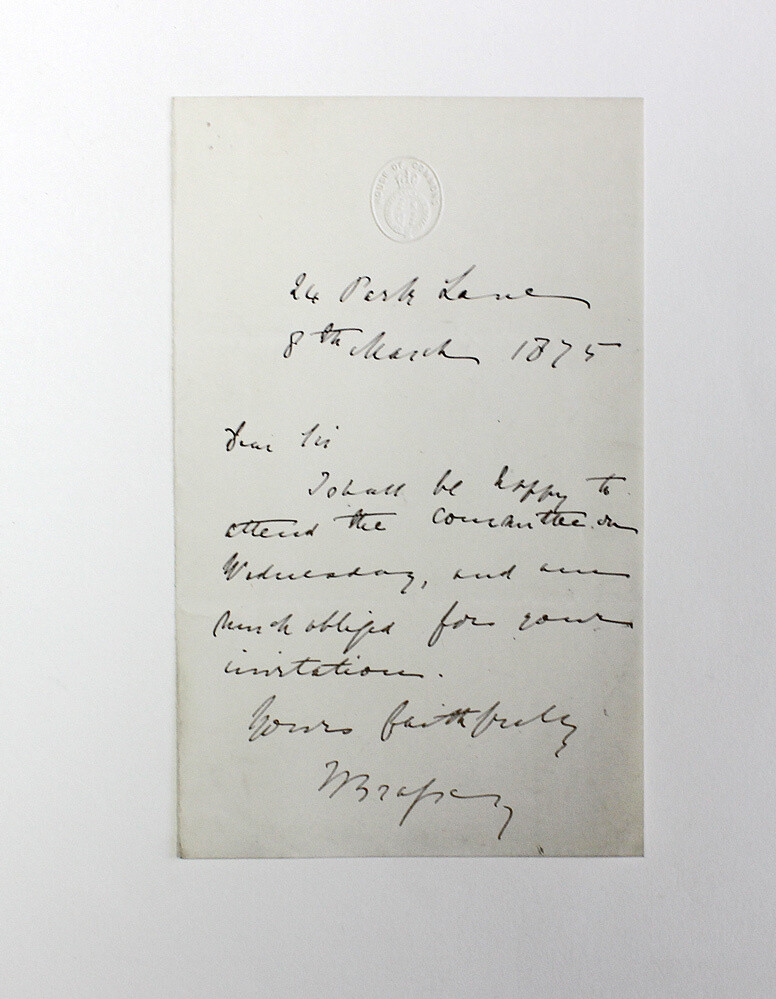 An Original Handwritten Letter Signed by Thomas Brassey to Levi Leone