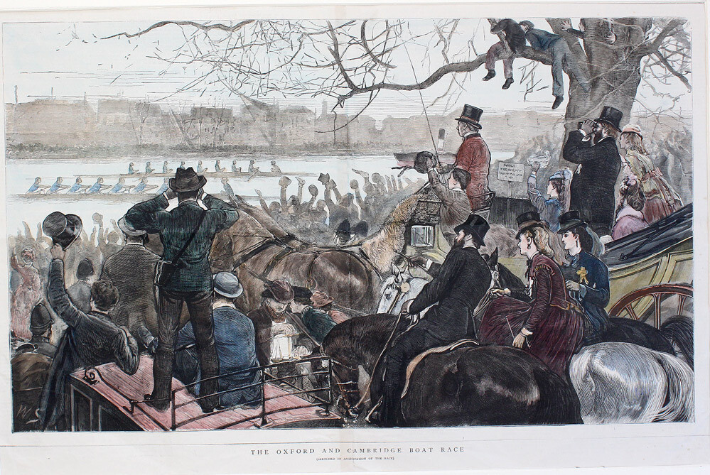 An Original Two Page Engraving which has been Hand Coloured  from The Graphic Magazine of the Oxford and Cambridge Boat Race of 1871