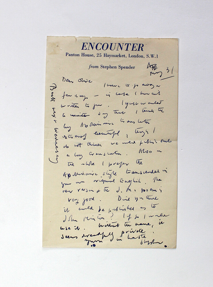 An Original Encounter Hand Written and Signed letter by Writer Stephen Spender
