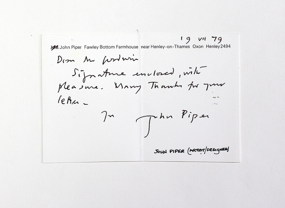 An Original Handwritten Card Signed by Artist John Piper