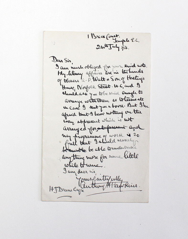 An Original Hand Written Letter and Signed by Writer Anthony Hope Hawkins. Written at the Time of Publication of his Greatest Book The Prisoner of Zenda