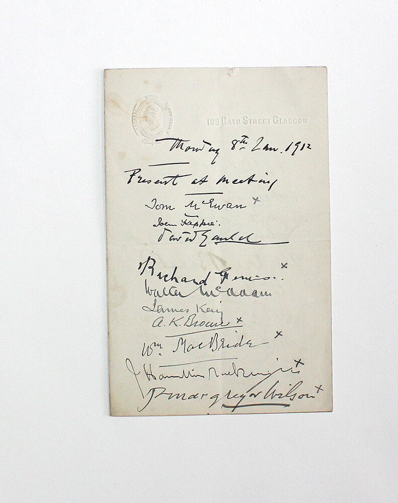 An Original Glasgow Art Club Letter Headed note containing the signatures of 37 members present at a meeting dated Monday 8th January 1912 including Tom McEwen, John Keppie,  William MacBride etc