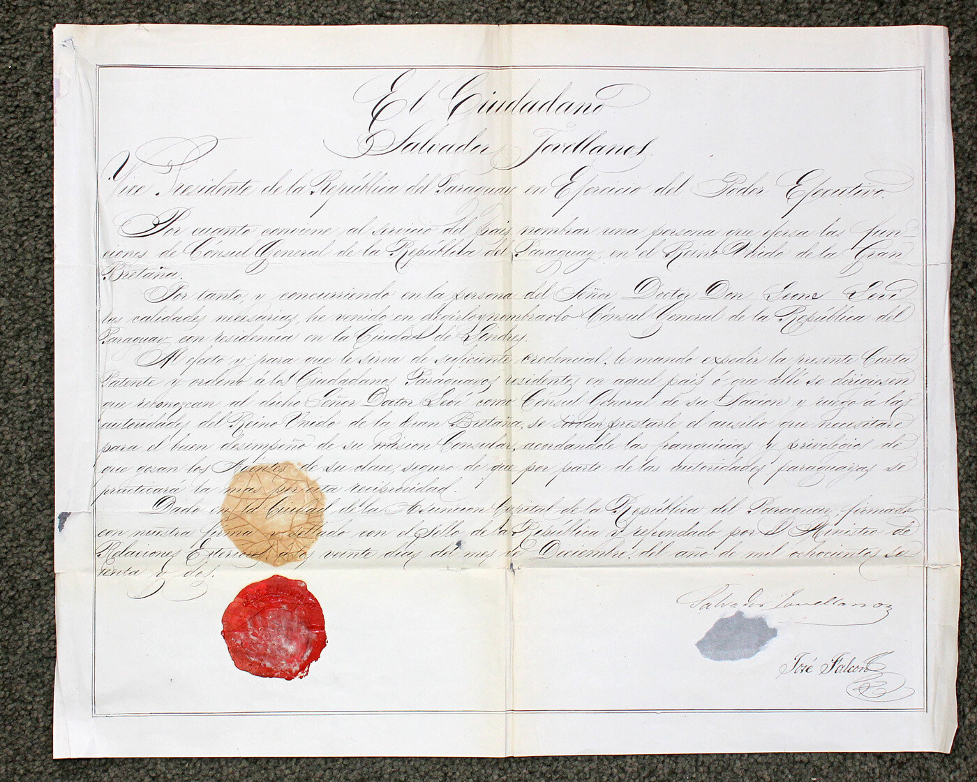 An Original Official Hand Written Award to Levi Leone from The Vice President of the Republic of Paraguay Salvador Silvestre Jovellanos and Jose Falcon for services. Signed by Both to base.