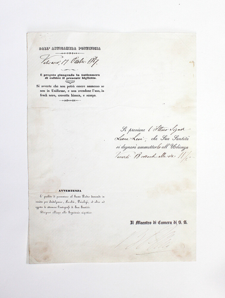 An Original Official Letter Appointing an Interview with the Pope for Leone Levi.  Dated Dall Antigamera Pontifigia Vaticano 17 by the Octtobre 1867. Part filled in part typed. Signed to base by The M