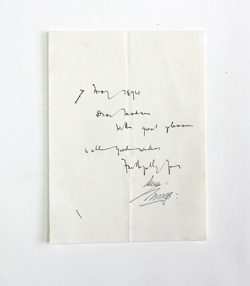 An Original Lyceum Theatre Hand Written letter by Bram Stoker and signed by Henry Irving
