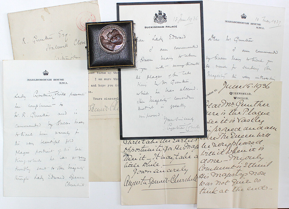 A Small Collection of letters and a plaque from medal maker R Gunther in Relation to the Churchill and Royal Family. Letters from Augusta Spencer Churchill and Cynthia Colville.