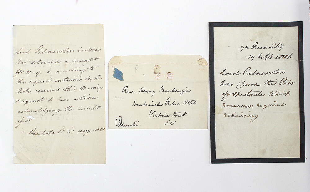 A Small Collection of Original Third Person Letters and a Envelope Signed and Hand Written by Prime Minister Henry John Temple, 3rd Viscount Palmerston