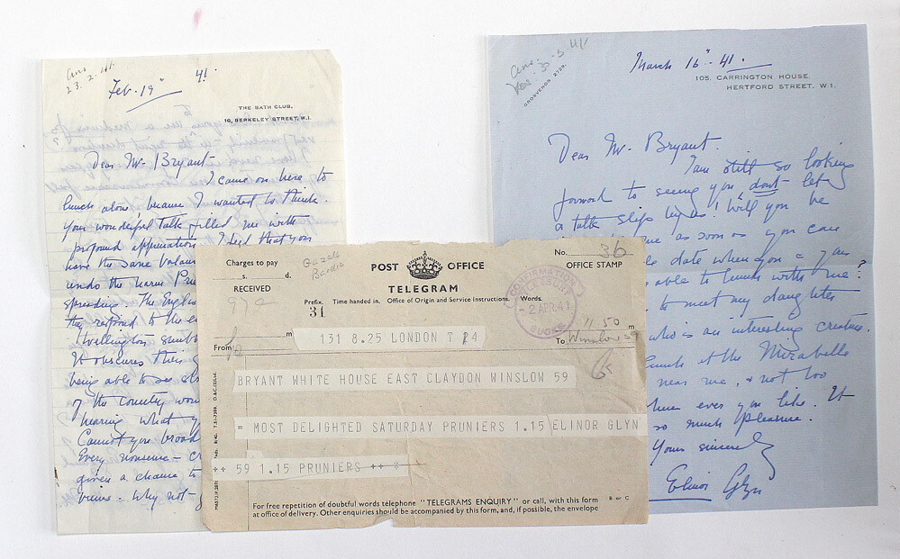 Two Hand Written Signed Letters and a Telegram from Writer Elinor Glyn to a Mr Arthur Bryant