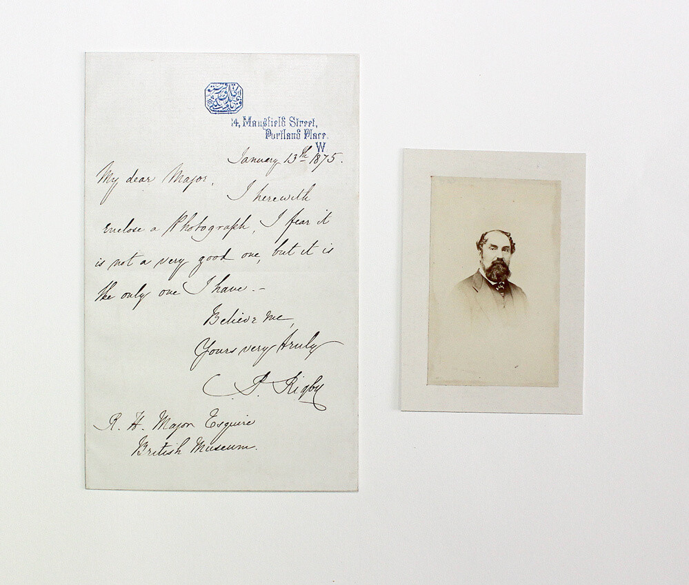 An Original Letter and Photograph Signed and Written by General Christopher Palmer Rigby to Richard Henry Major.
