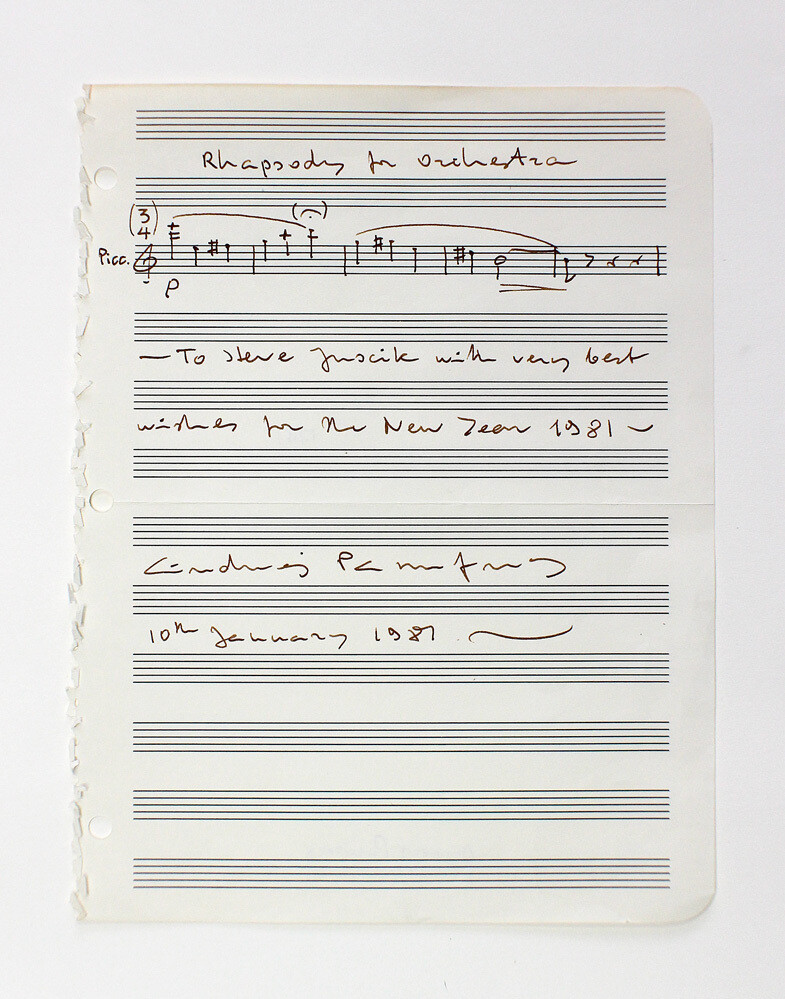 An Original Handwritten Musical Notation with 5 bars from his Rhapsody for Orchestra and Signed  by Composer Sir Andrzej Panufnik.