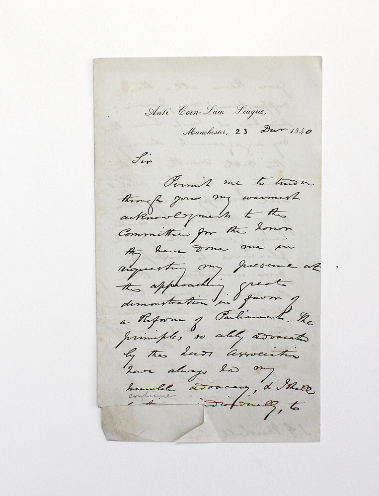 An Original Anti Corn Law League Letter in an Unknown Hand to J G Marshall.