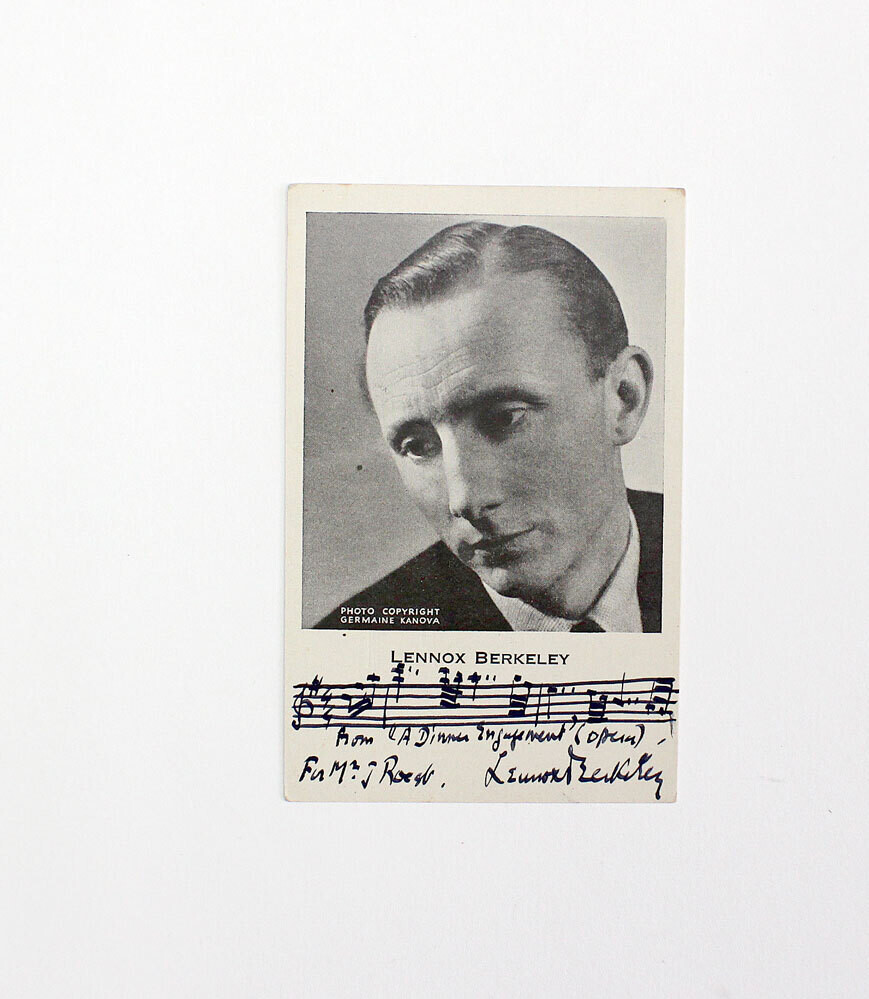 An Original Handwritten Musical Notation with 2 bars from his opera A Dinner Engagement on a black and white photograph and Signed with Inscription to the Rear by Composer Sir Lennox Berkeley