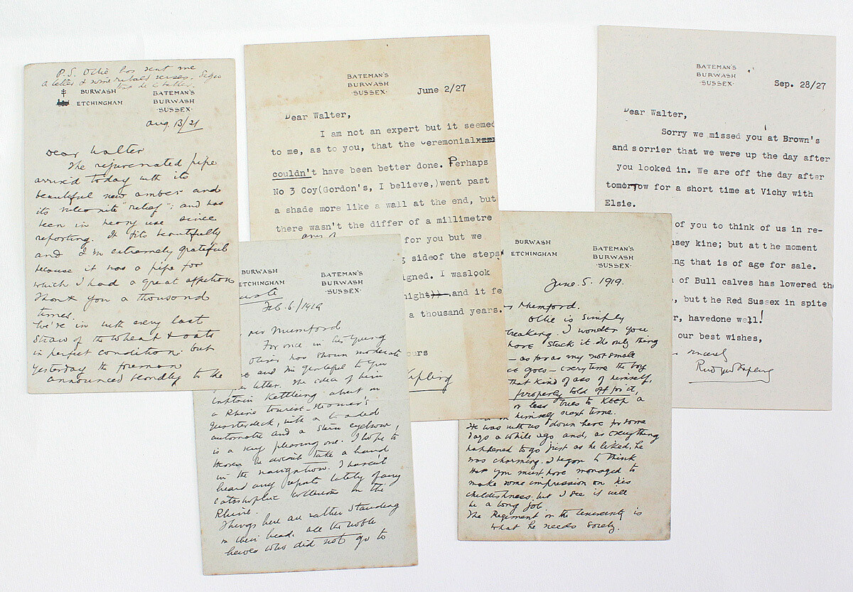 Five Original Hand Written/Typed and Signed letters from Rudyard Kipling to Walter Mumford 1919 and 1927.