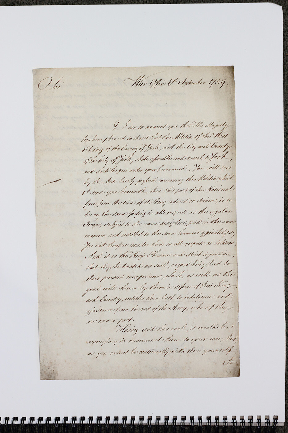 An Original Handwritten from Secretary of War William Barrington, 2nd Viscount Barrington to Major General Whitmore with regards to raising a Militia in the West Riding of Yorkshire.