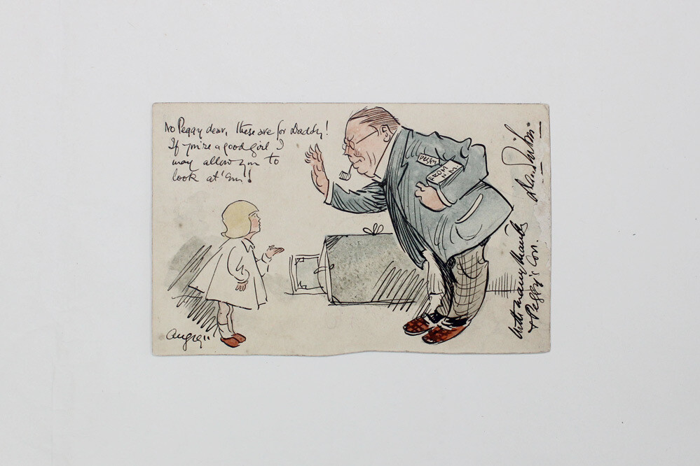 A Postcard with a Original Hand Drawn and Coloured Caricature Drawing of Irish Political Artist by David Wilson. It is a self-portrait of  himself and His Daughter.