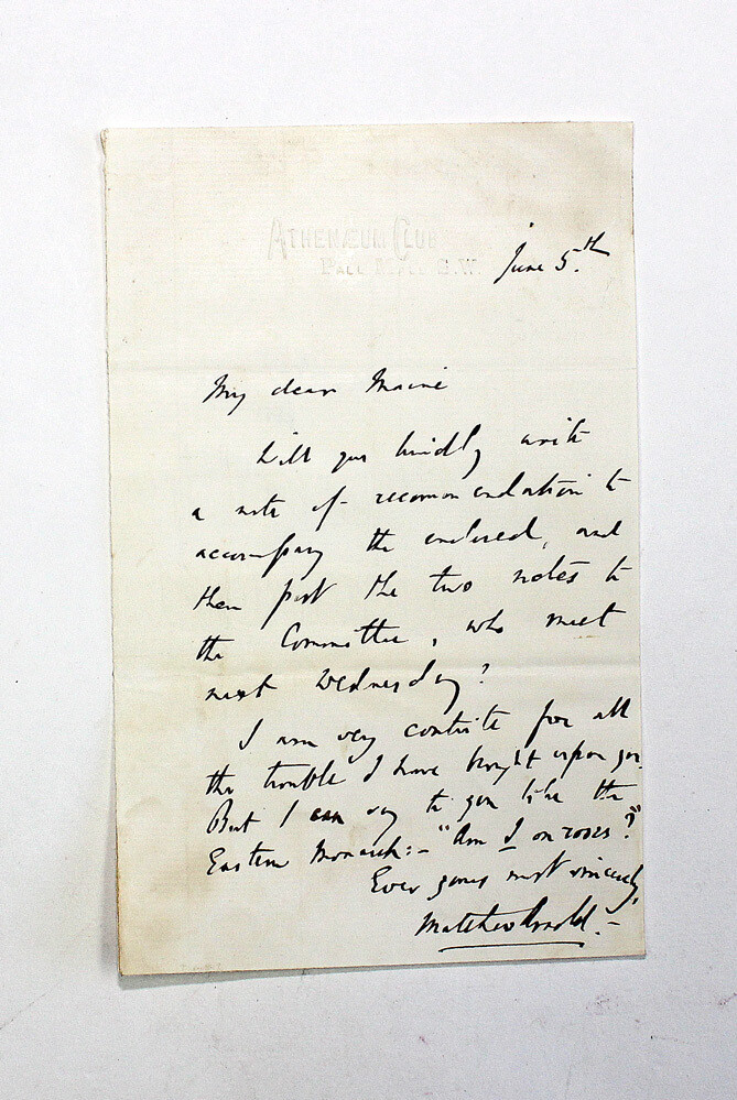 An Original Hand Written and Signed Letter by Poet Matthew Arnold to Henry James Maine