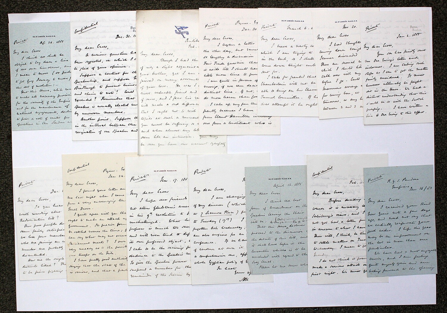 Fourteen Original Hand Written Important Political Letters from Stafford Northcote to Lord Cross from 1882 to 1885. Includes Letters on the Channel Tunnel, Suez Canal, Fair Trade, Egypt ,Gladstone