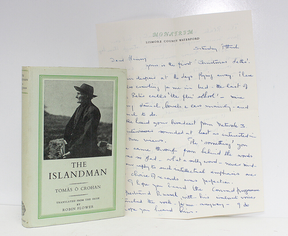 The Island Man -  From the Library of Henry Williamson. Presentation inscription and a two page letter from a friend Daphne Odin Pease to Henry Williamson. - Tomas O Crohan
