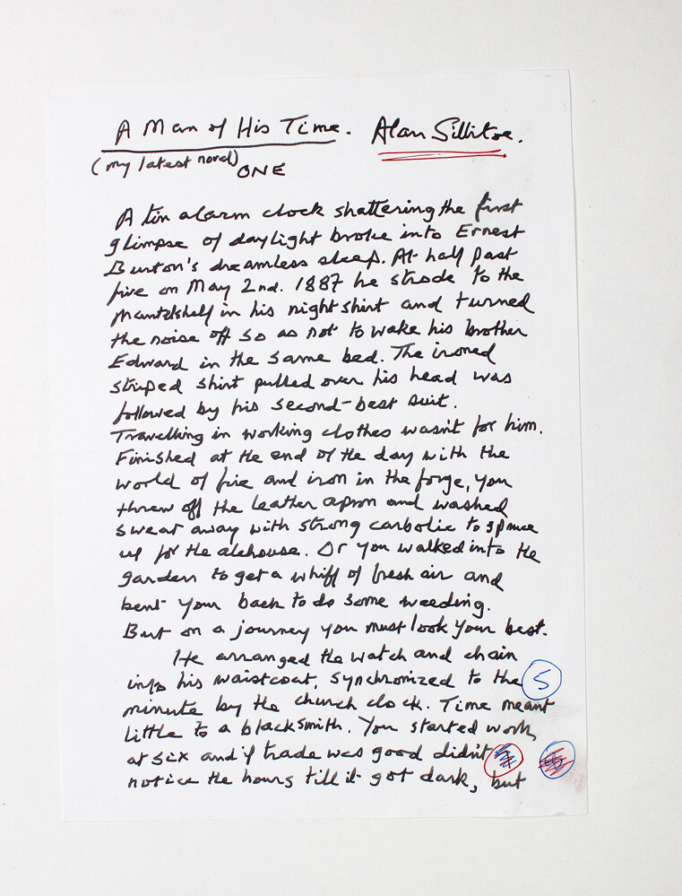 An Original Autograph Manuscript Signed by Writer Alan Sillitoe. First page of his novel A Man of His Time.