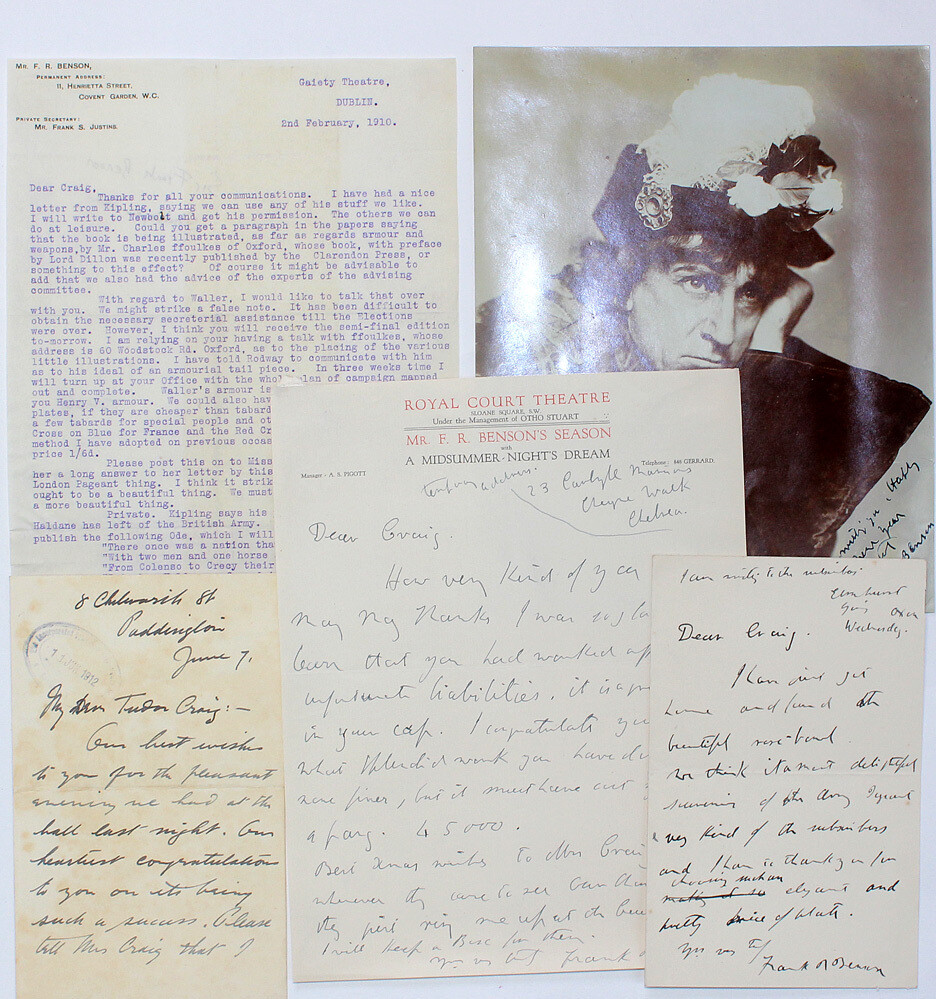 A Small Collection of Original Handwritten Letters, a Typed Letter and Signed Photograph by Actor Sir Francis Robert Benson to Sir Algernon Tudor-Craig