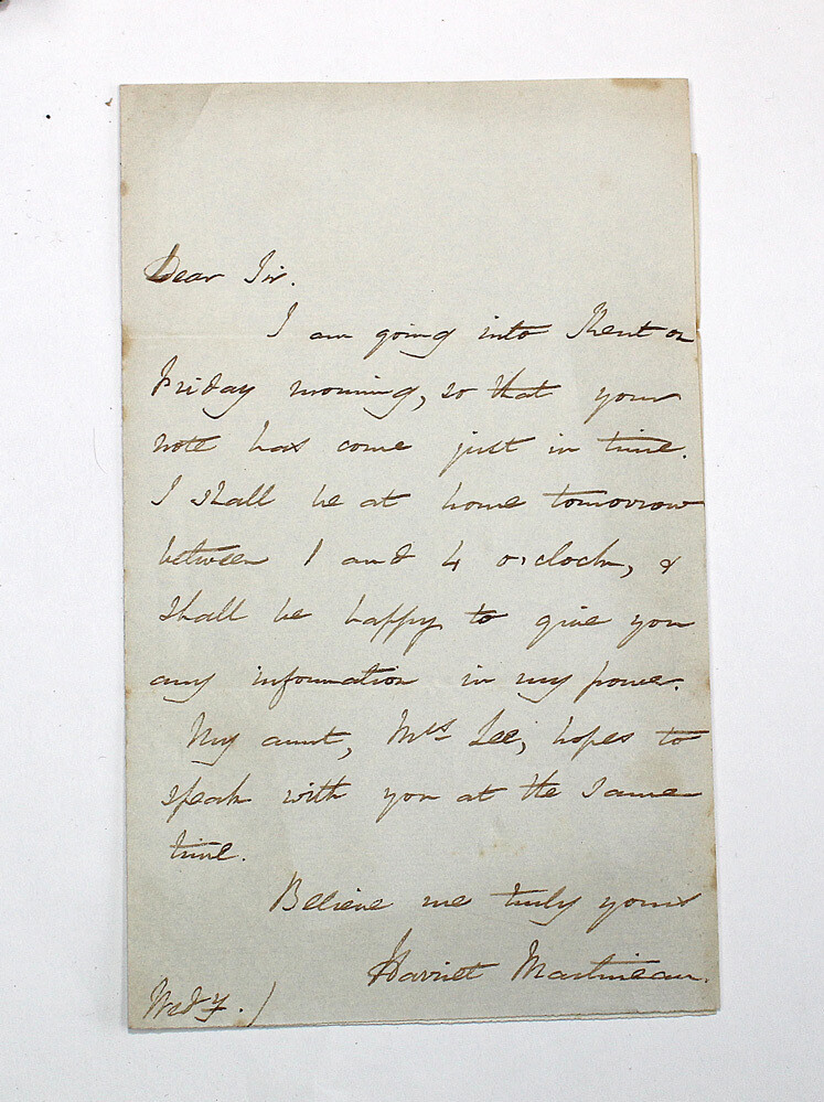 An Original Hand Written Letter Signed by Sociologist Harriet Martineau