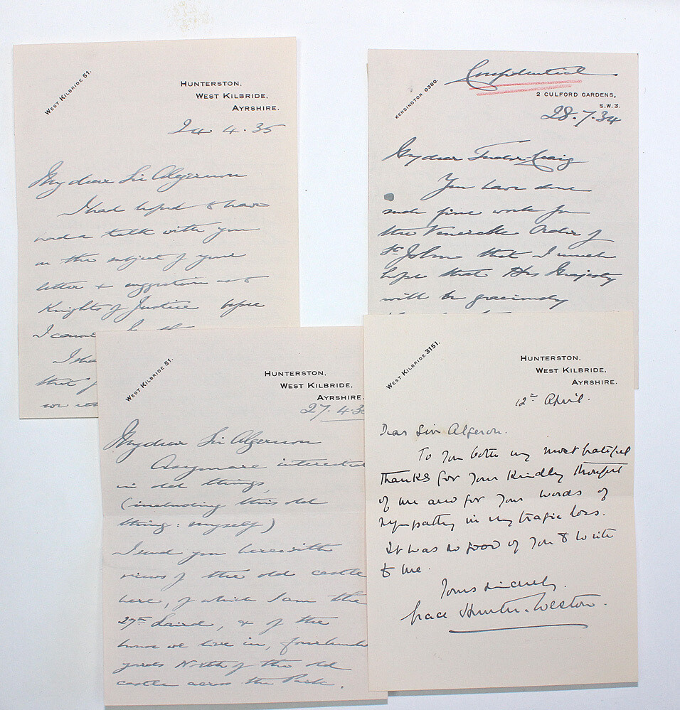 Four Original Handwritten Letter Signed by Lieutenant General Sir Aylmer Gould Hunter-Weston/Grace Hunter-Weston to Sir Algernon Tudor-Craig