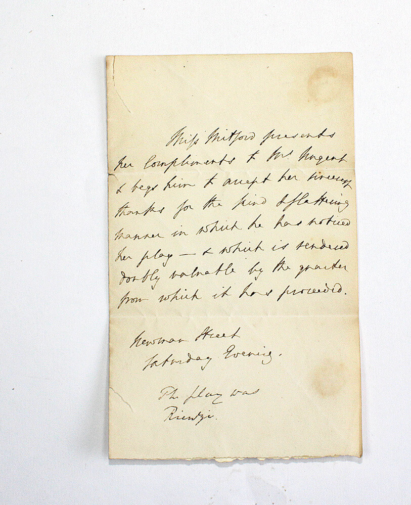 An Original Third Person Hand Written and Signed by Writer Mary Russell Mitford to Critic Mr Nugent Who Reviewed Her Play Rienzi.