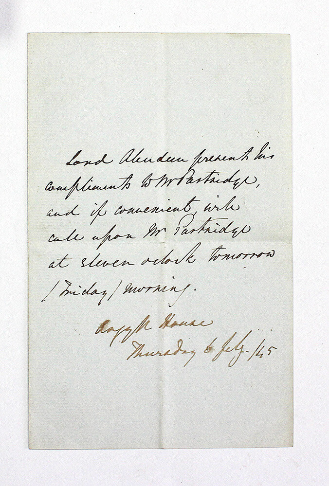 A Third Person Original Hand Written and Signed Letter by Future Prime Minister George Hamilton-Gordon, 4th Earl of Aberdeen to portrait painter John Partridge