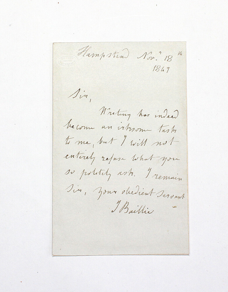 An Original Hand Written and Signed Letter by Poet Joanna Baillie
