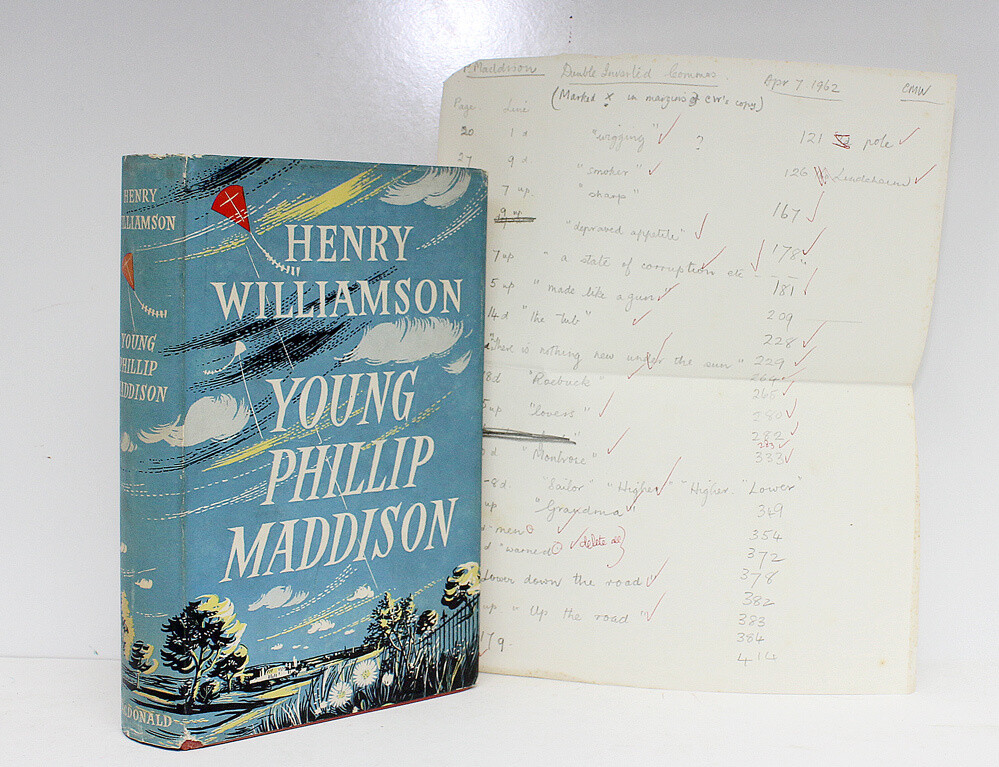 Young Phillip Maddison - Christine Williamson ownership name to the end paper, the second wife of Henry Williamson. In the hand of Henry Williamson to the end paper/letter a list of hand corrections.