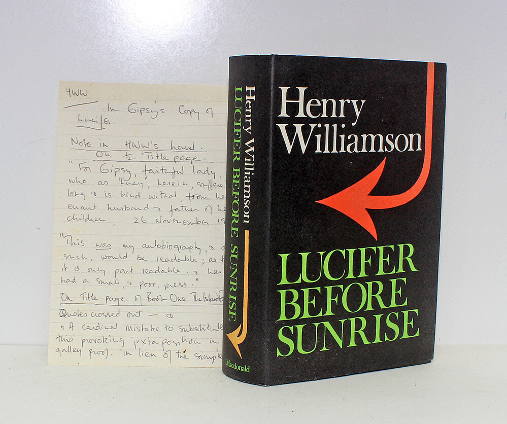 Lucifer Before Sunrise -  From the Library of Henry Williamson - Henry Williamson&#39;s file copy with a list of annotation to the text on the end paper.