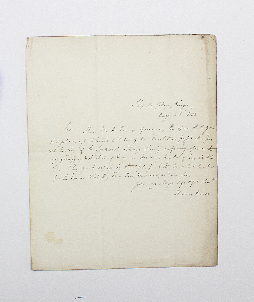 An Original Signed and Hand Written Letter by the Irish poet Thomas Moore