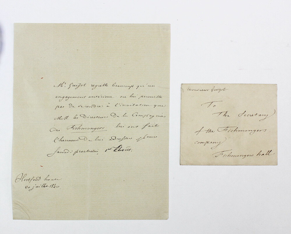 An Original Third Party Letter and Envelope  Hand Written and Signed by the future Prime Minister of France François Pierre Guillaume Guizot to The Secretary of the Fishmongers Company