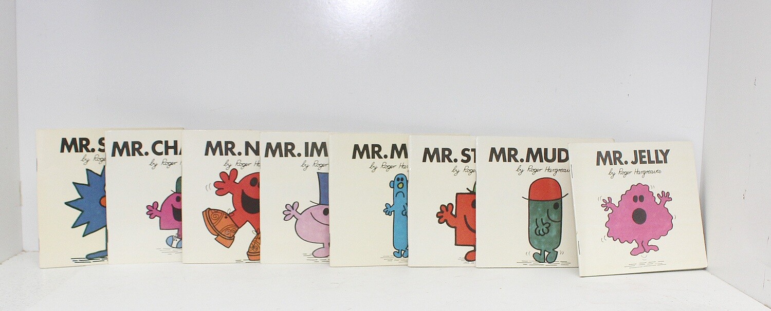 Eight early 1970&#39;s Mr Men Books Including Mr Sneeze, Mr Mean, Mr Jelly, Mr Strong, Mr Muddle, Mr Noisy, Mr Chatterbox and Mr Impossible