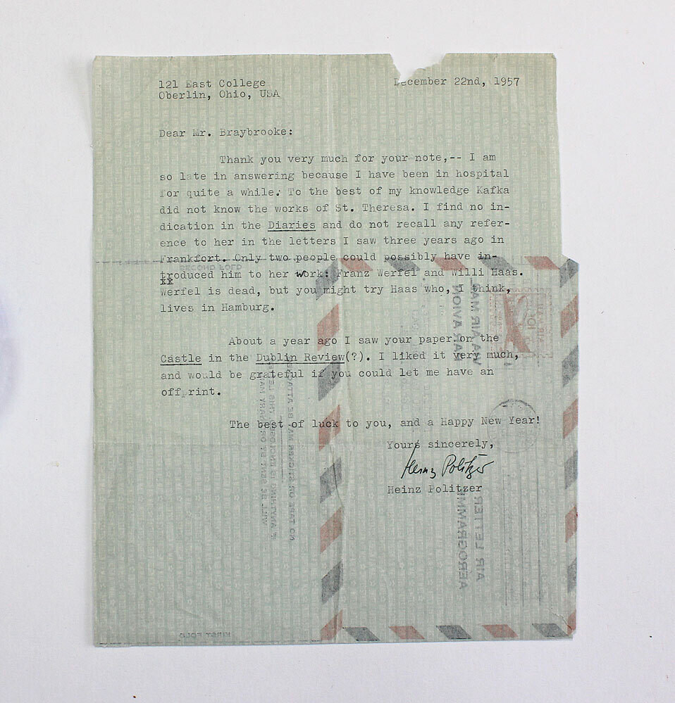 An Original Typed and Signed Letter by Writer and Academic Heinz Politzer to writer Neville Braybrooke
