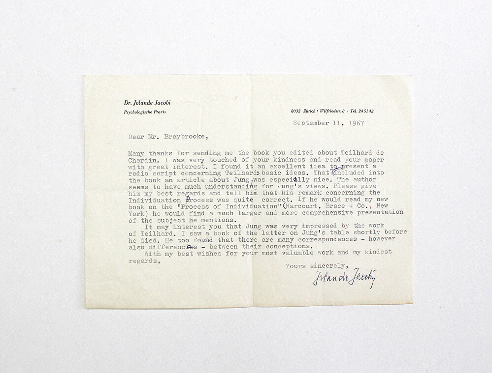 An Original Typed and Signed Letter by Jung Psychologist Dr Jolande Jacob to Writer Neville Braybrooke