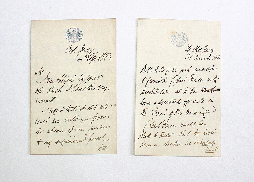 Two Original Handwritten and Signed City Police Office London Letters by Commissioner of the City of London Police Sir James Fraser