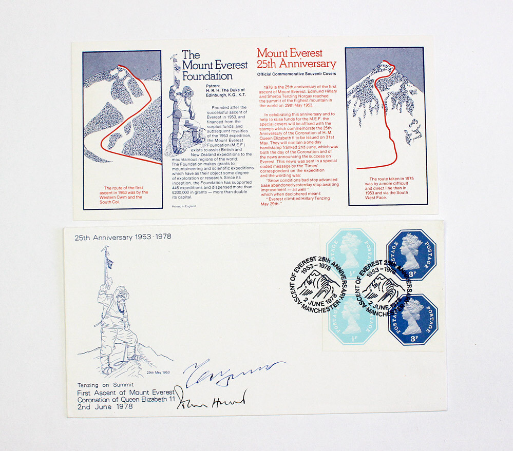 An Original First Day Cover of the 25th Anniversary of the First Ascent of Mount Everest and Coronation of Queen Elizabeth II 2nd. June 1978 and Signed by John Hunt and Norgay Tenzing