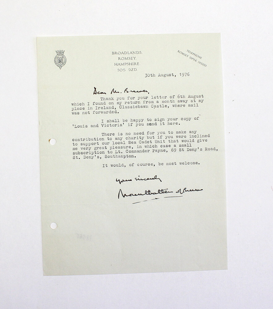 An Original Typed and Signed Letter By Former Viceroy of India Louis Mountbatten, 1st Earl Mountbatten of Burma