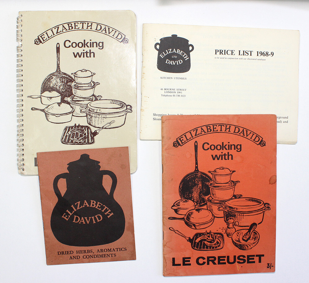 A small collection of Elizabeth David Booklets from the late 1960&#39;s. Includes Cooking with Le Creuset x 2 , Elizabeth David Kitchen Utensils 1968-9 and a Signed Dried Herbs, Aromatics and Condiments