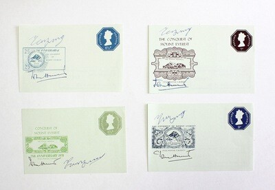 An Original Unused Set of Four Souvenir Miniature Prepaid  Postage Sheets on the 25th Anniversary of the First Ascent of Mount Everest in 1978 . Each one hand signed by John Hunt and Norgay Tenzin