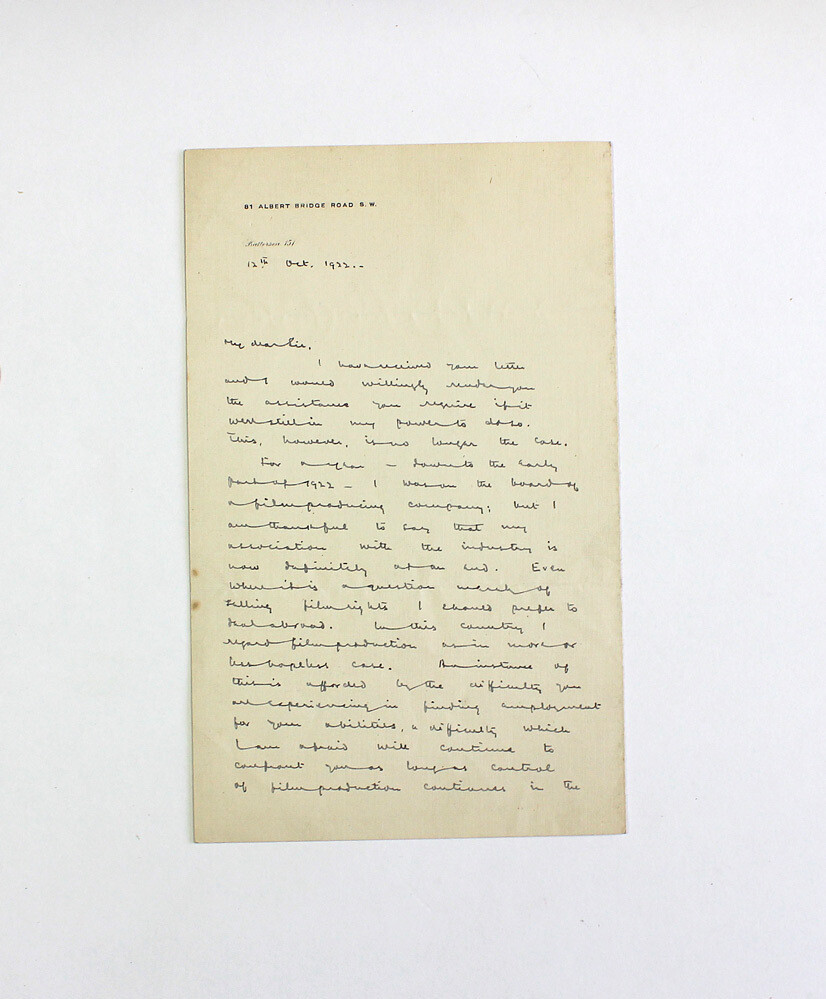 A Rare Original Hand Written Letter Discussing Silent Film Production of His Book and Signed by Writer Rafael Sabatini.