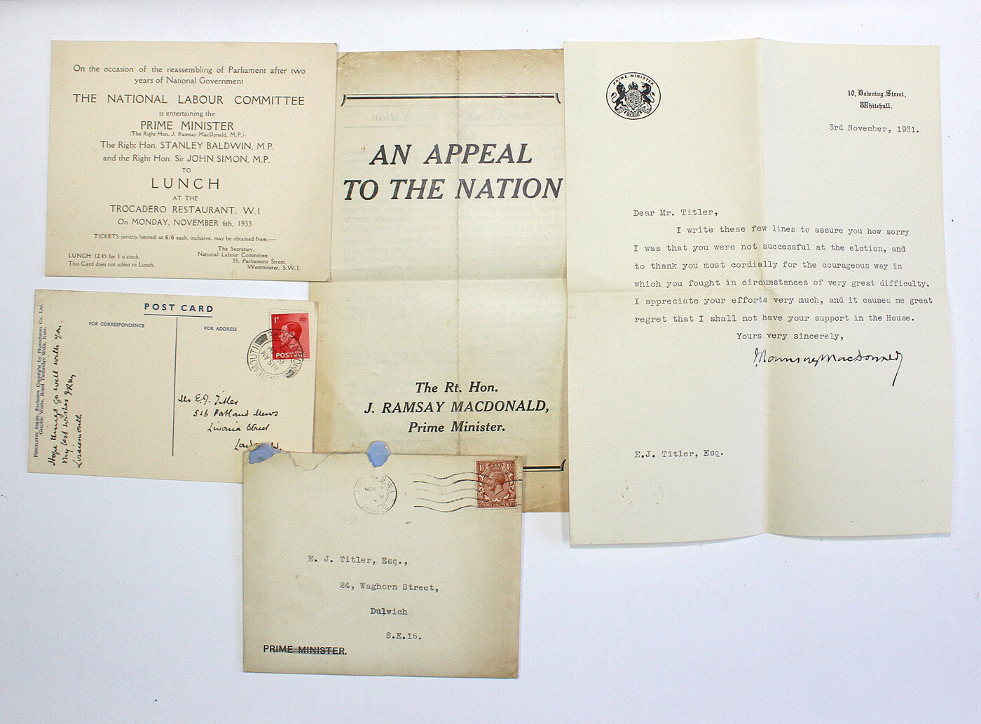 A Small Collection of Original Signed and Ephemera from 1930&#39;s related to Prime Minister James Ramsay Macdonald