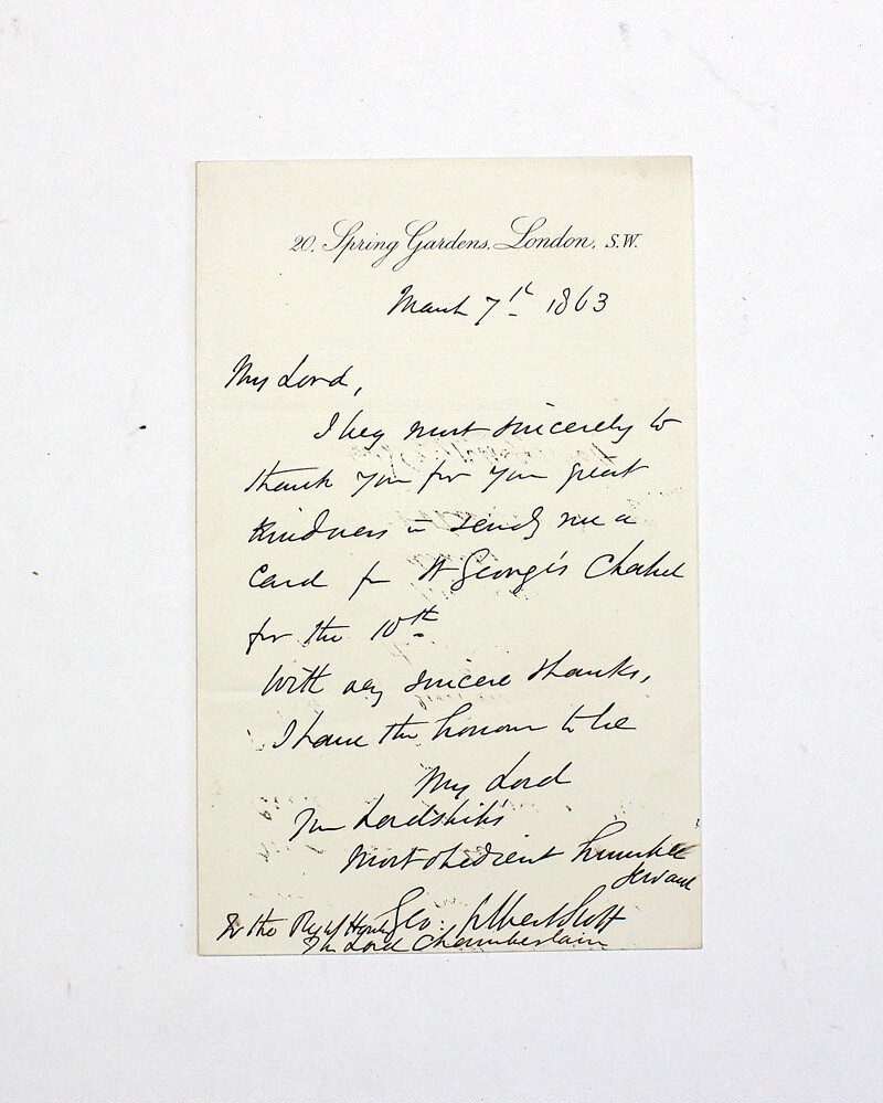 An Original Letter Hand Written and Signed by English Gothic Revival Architect Sir Gilbert Scott to the Lord Chamberlain