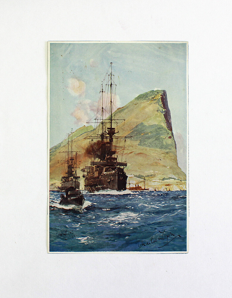 An Original Printed Players Navy Cut Advertisement Illustration Near Gibraltar by and Hand Signed by the Artist Charles Edward Dixon