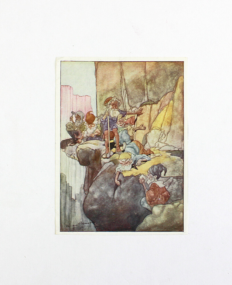 An Original Printed Book Advertisement Titled &#39;Seven Dwarfs Mining&#39; from the Big Book of Fairy Tales and Hand Signed by the Artist W Heath Robinson in the name of his brother Charles Robinson