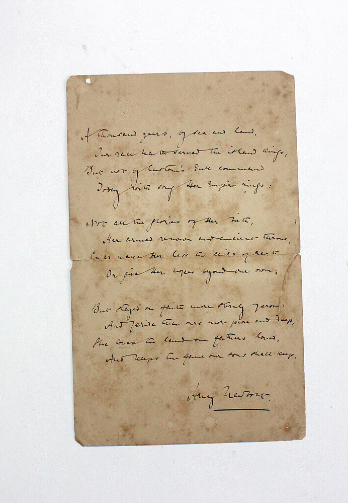 An Original Handwritten and Signed Choral Song Titled A Thousand Years, by Sea and Land By Sir Henry John Newbolt. This Choral Song written in honour of Her Majesty Queen Victoria 80th Birthday.