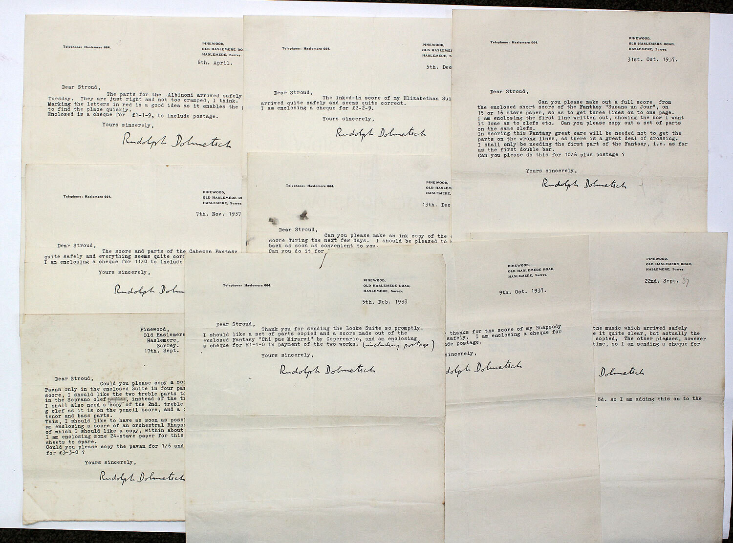 A Series of Ten Typewritten Letters Signed, ‘Rudolph Dolmetsch’, Haslemere, Surrey, 17 September 1937 to 6 April 1938, to A. Stroud of 185 Victoria Road, Aldershot